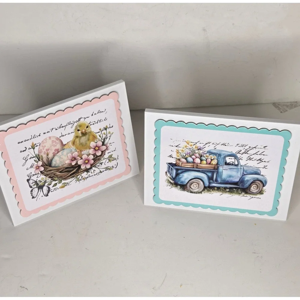 Easter Framed Art Set 2 Blue Truck Chick Eggs Spring Decor White Frames